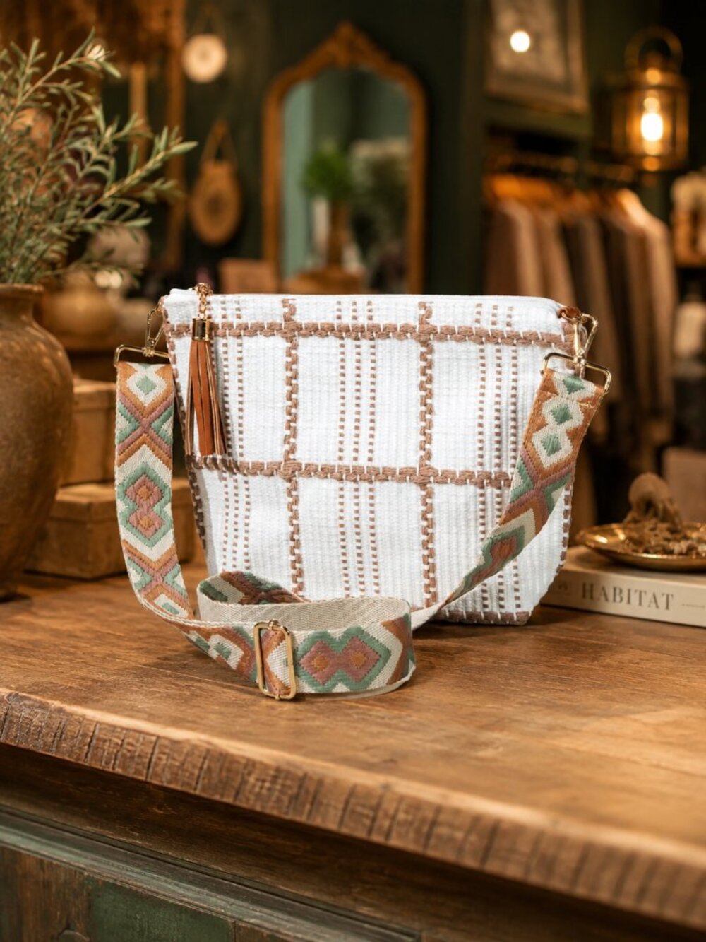 Ivory Embroidered Strap Crossbody Shoulder Bag Fall Autumn